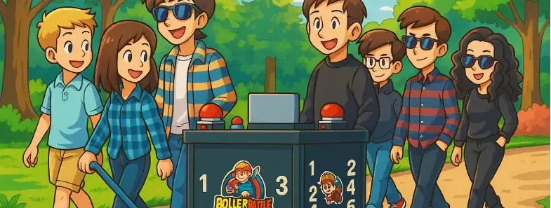 Comicbild von einer Gruppe Kindern, die den Bollerbattle durch einen Park in Köln ziehen